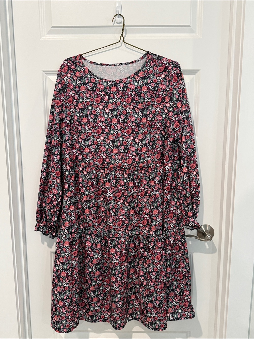 Floral Tiered Long Sleeve Dress - Pink & Black